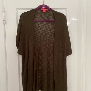 Catherine Acrylic Knit Olive Green Open Cardigan Sweater Sz M Short Sleeve